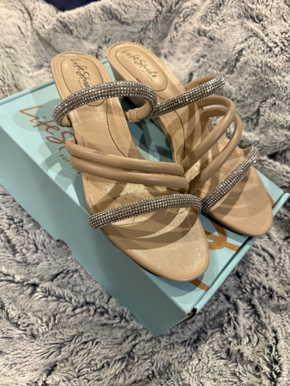 Life Stride Nude Beaded Strap Slide Heels